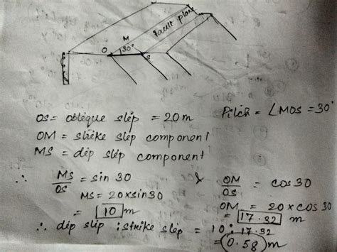 In an oblique slip normal fault having a dip of 70, the net slip is ...