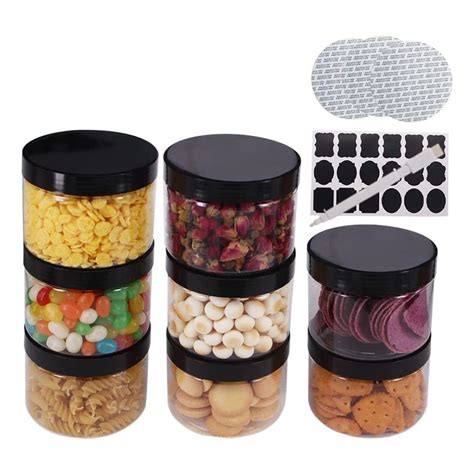 8 Pack 8 Oz Round Clear Plastic Jars With Black Lids, A Spatula, A Pen ...