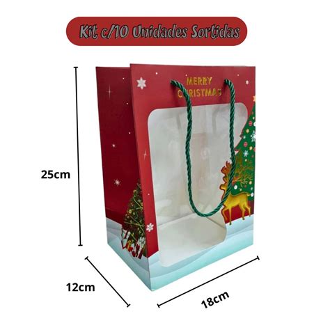 KitSacola Natalina Merry Christmas 25 X 18 X 12 cm c/10 unidade Sortida