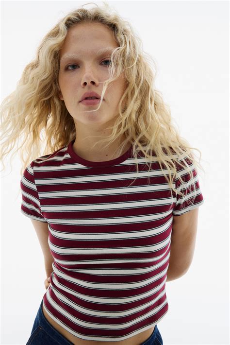 Women's Burgundy/Striped Fitted cotton T-shirt | H&M IN