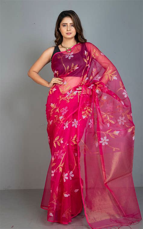 Premium Poth Muslin Silk Jamdani Saree with Jaal Floral Work in Hot Pi ...