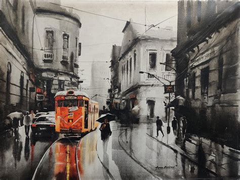 "Tram In Calcutta Street 1": Grey Acrylic Painting by Arpan Bhowmik ...
