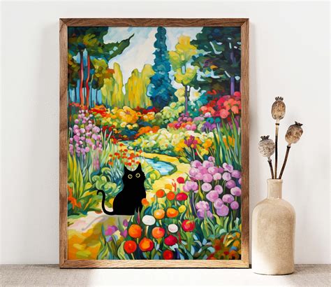 Black Cat Print, Garden Flower Field Cat Poster, Cat Art, Fl - Inspire ...