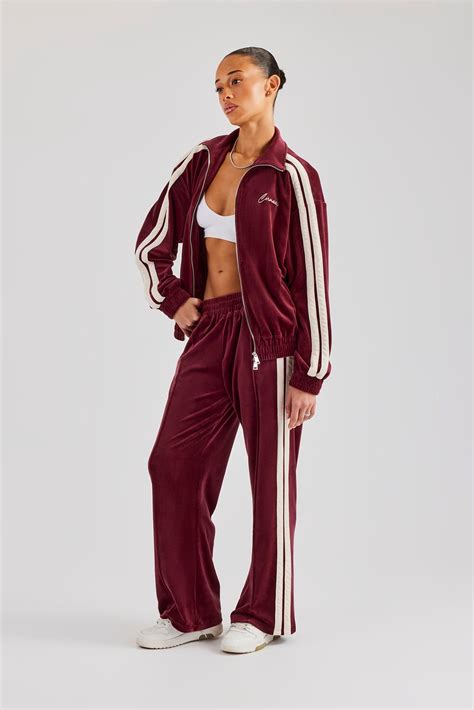Funnel Neck Taping Zip Through Velour Tracksuit - Burgundy | Womens ...