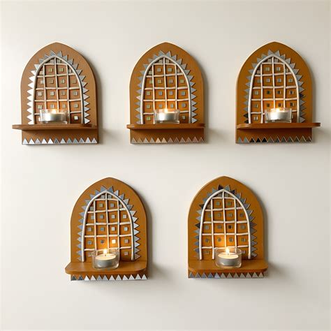 Buy Hand-Painted Mirror Work Jharokha MDF Wood Tealight Holder Online ...