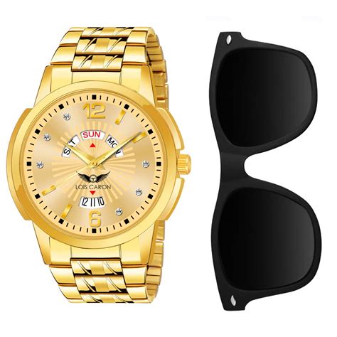 Combo Set of Original Gold Plated Day & Date With Sunglass & Analog Wa ...