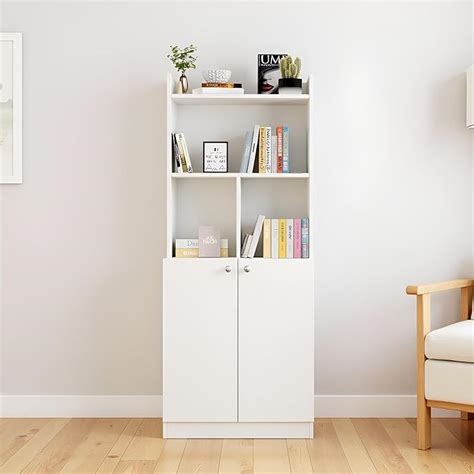 FURNEASER Prizm Modern Wooden Bookshelf with 2-Door Cabinet & Open Sto ...