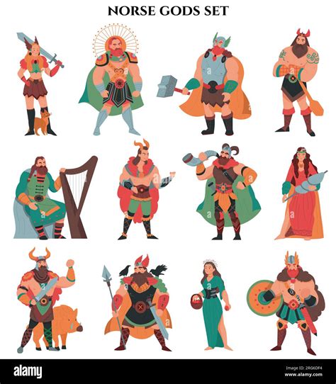 Norse gods color set with isolated cartoon style characters of ancient ...