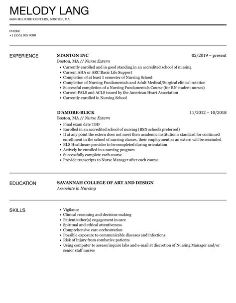 Nurse Extern Resume Samples | Velvet Jobs