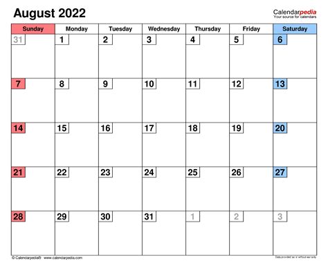 August 2022 Calendar | Templates for PDF, Excel and Word