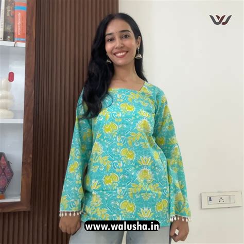 Aqua Blue Floral Printed Bell Sleeve Short Kurti – Walusha