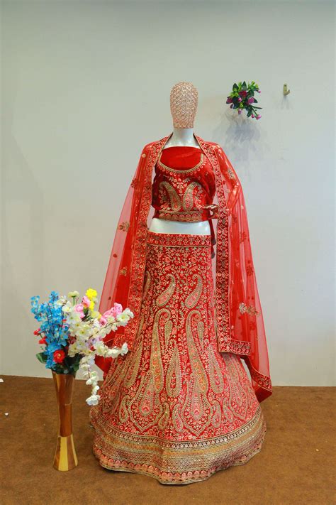 Cherry Red Velvet Bridal Lehenga With Embroidery Work – Raj Rachna