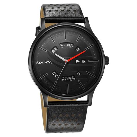 Buy Online Sonata RPM Black Dial Leather Strap Watch for Men ...