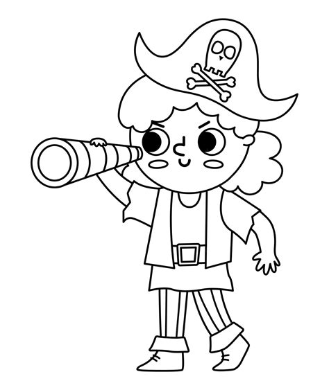 Icono de niña pirata en blanco y negro vectorial Ilustración de línea de capitana de mar ...
