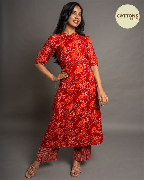 Red Floral A-Line Cotton Kurta Set – Cottonsdaily