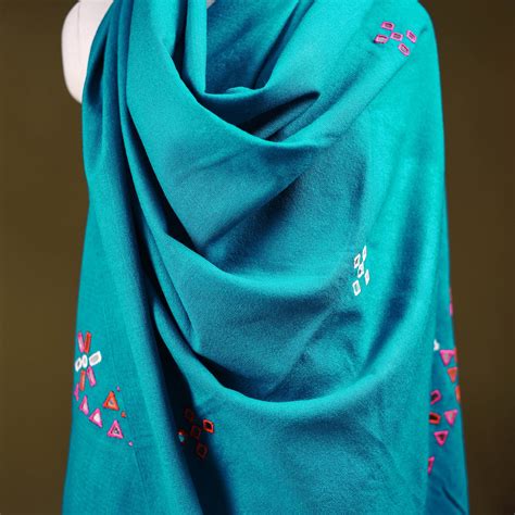 Green Kutch Handwoven Mirror Work Acrylic Wool Shawl