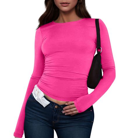 bbyeadc Pink Long Sleeve Shirts for Women Casual Basic Going Out Tops ...