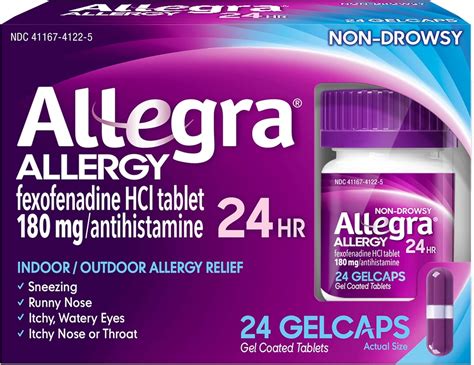 Allegra Cápsulas de gel para alergias 24 cápsulas de gel por botella antihistamínico de acción ...