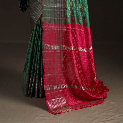 Green Traditional Pochampally Ikat Handwoven Pure Silk Pattu Saree with ...