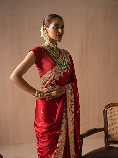 Red saree in pure satin silk with pure dabka handwork – Malhotra's ...