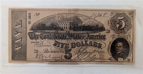 Lot - Rare FIVE Dollars The Confederate States of America, 1864