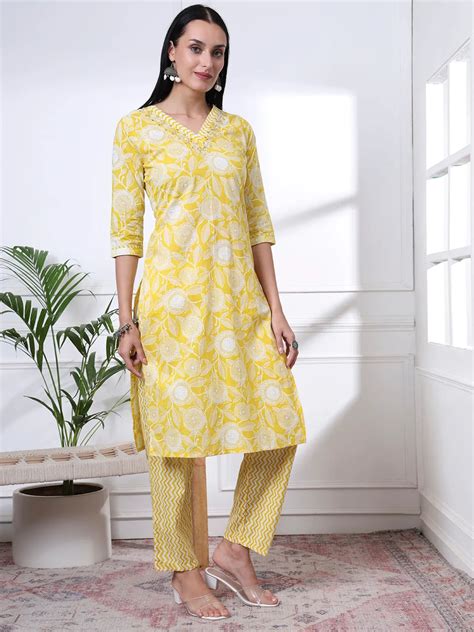 Yellow Pure Cotton Floral Print Zari Work Straight Kurta Set – Yufta Store