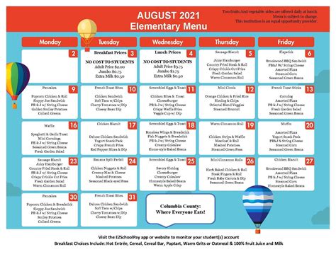 Menus - School Nutrition - Columbia County Schools