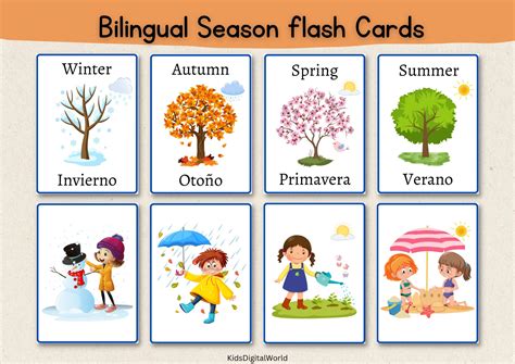 Colorful Season Flash Cards | Bilingual Seasons Flashcards | Matching ...