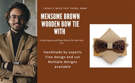 Buy MENSOME Men's Wood Bow Tie with Pocket Square & Flower Brooch ...