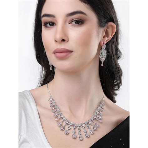 Buy NVR Women Silver Plated Pink Cz Stone Handcrafted Jewellery Set Online