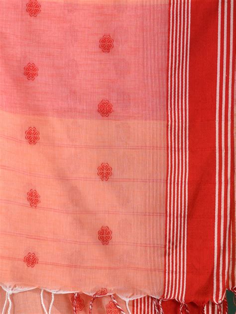 Peach Cotton Handspun Handwoven Saree With Texture Design – Charukriti