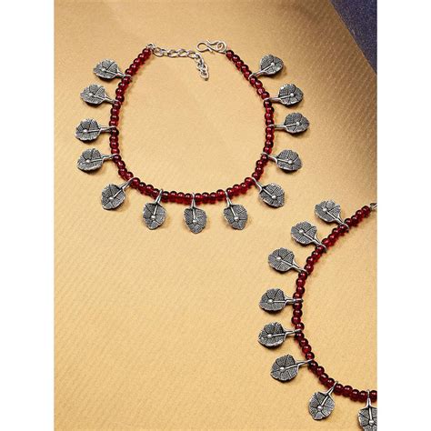 Buy Priyaasi Set Of 2 Maroon Silver-Plated German Silver Oxidised Leaf ...