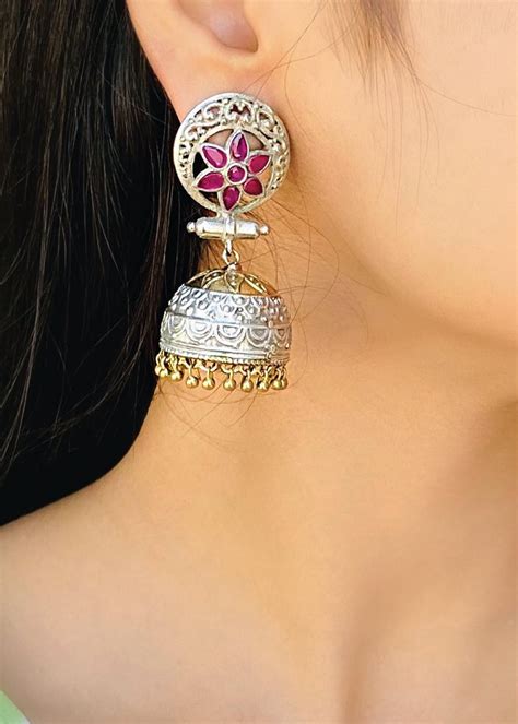 Get Indian Pink Jhumka Earrings Dual Tone Jewelry at ₹ 1231 | LBB Shop