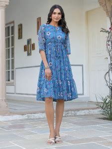 Janasya Women Fit and Flare Blue Midi/Calf Length Dress - Buy Janasya ...