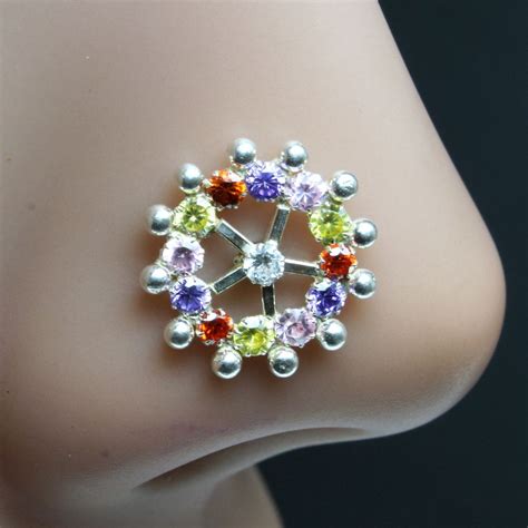 indian 925 sterling silver multi color cz studded corkscrew nose ring ...
