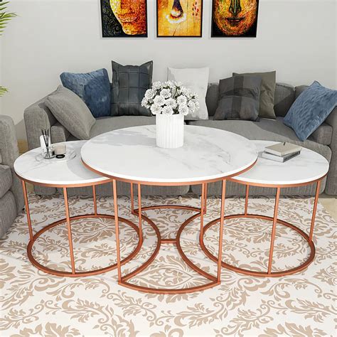 The Attic Aura Set of Tables for Living Room|Marble + Iron|White ...