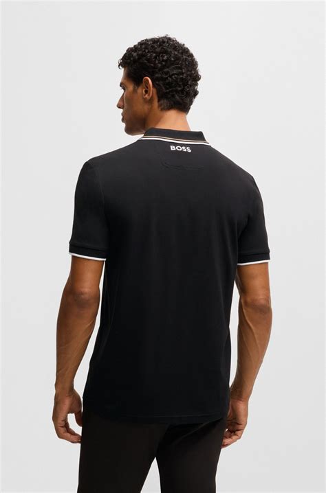 BOSS - Cotton-blend polo shirt with contrast logos - Black