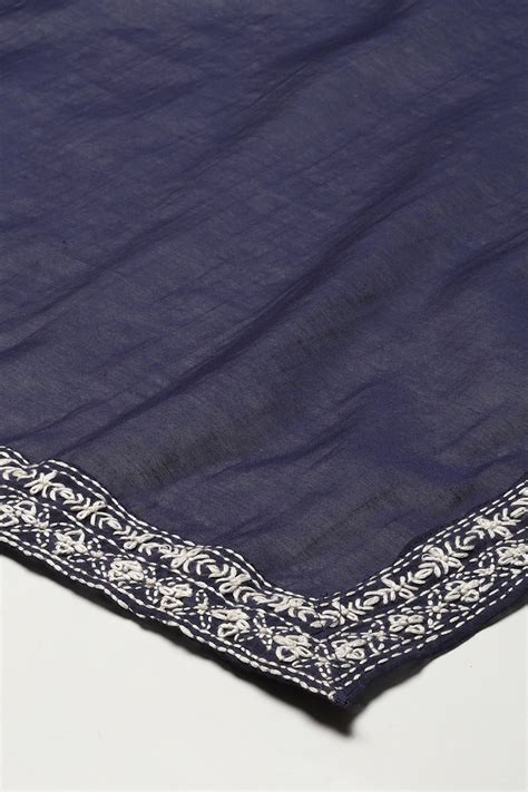 Navy Blue Cotton Blend Straight Kurta Churidar Suit Set