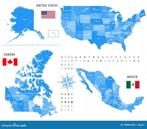 Maps of Canada, United States and Mexico with Flags and Location ...