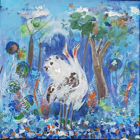 Two Manchurian Cranes Dancing in the Rain Canvas Painting by Artist Dr ...