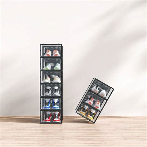 6PCS Samll Black Plastic Shoe Storage Box,Stackable Shoe Organizer For ...