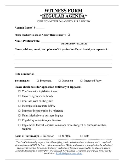 Fillable Online Joint Committee on Agency Rule Review - Witness Form ...