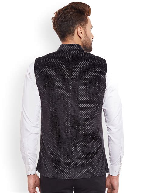 Men Black Polka Dot Printed Velvet Slim Fit Nehru Jacket