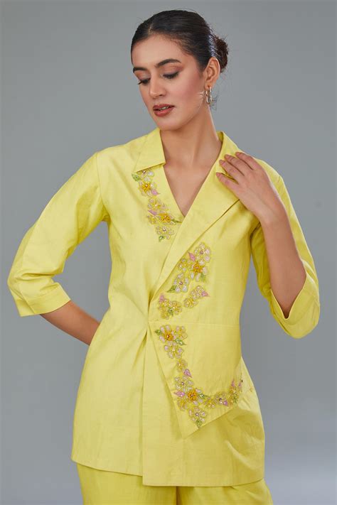 Yellow Cotton Silk Applique Embroidered Co-Ord Set – Kahani Lush