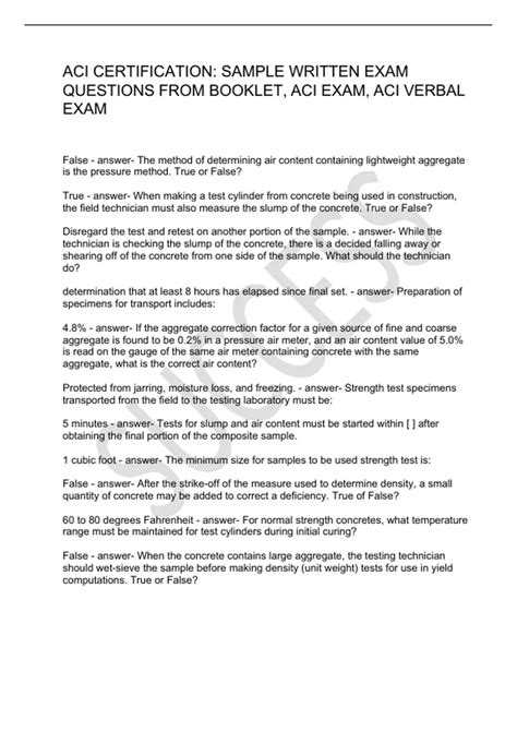 ACI CERTIFICATION: SAMPLE WRITTEN EXAM QUESTIONS FROM BOOKLET, ACI EXAM ...