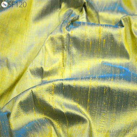 Iridescent Yellow Blue Pure dupioni Silk fabric by the Yard Indian Wed ...