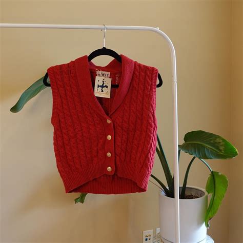 Red Knit Vest With Gold Button Detailing size tag... - Depop