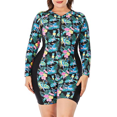 Hicidod Women Plus Size Rash Guard Swimsuits Zip Up High Stretchy Long ...