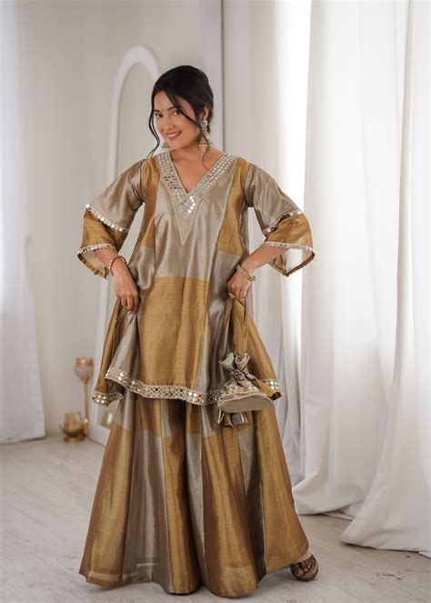 Festive Two-Tone Tissue Mirror Work Kurti Pant Set with Batwa – TULIP ...