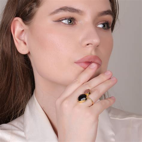 Dua Black Onyx & Peach Moonstone Adjustable Heart Ring | Handmade Gold